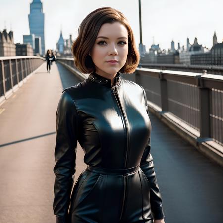 a photo of a d1ana-r1gg-t2, (standing on a bridge), (portrait), London, (((black leather jumpsuit))), (((straight flicked up bob))), (((brunette))), 1960s, retro, vintage, (8k, RAW photo, highest quality, best quality, masterpiece, ultra-detailed, hires, absurdres), (photorealistic)