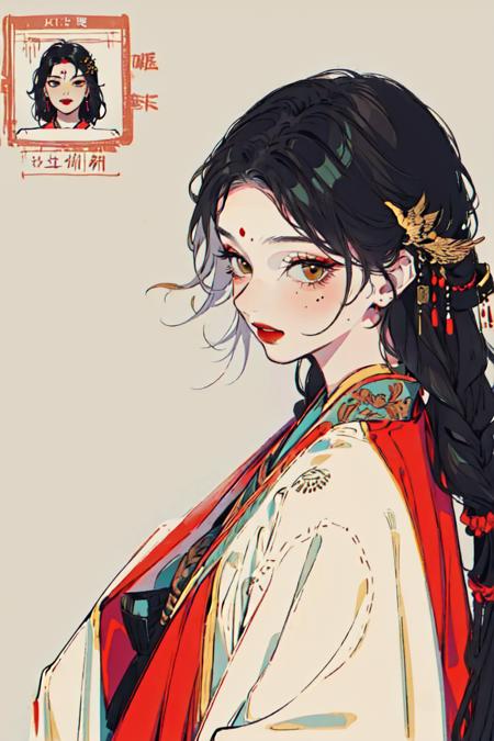 (1girl),(((upper body, ))), (((solo))), (((full body))),gufeng, 1girl, beige background, black hair, black nails, braid, chinese clothes, fingernails, hanfu, japanese clothes, kimono, lips, lipstick, long fingernails, long hair, long sleeves, makeup, mole, nail polish, parted lips, red kimono, red lips, red nails, simple background, solo, standing, upper body, hair ornament,,   looking_at_viewer, multiple_girls,, dress, closed mouth, bird, facial mark, expressionless, red dress, forehead mark(((hanfu,shirt,dress,,))), ((from side, multiple views, from behind)), (expressions), ((databook)), annotated, ((costume chart)), ((((how to)))),  