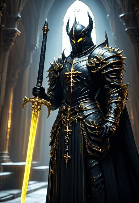 A dark and imposing figure stands in a majestic and dimly lit cathedral. The figure is clad in elaborate black Gothic armor adorned with gold-plated crosses and chains, holding a large sword in his hand (A yellow and black double-bladed sword with an ominous aura), giving off a religious yet sinister impression. His helmet is tall, almost bishop-like, with a faceless visor that does not reflect light, adding to the air of mystery. The figure holds a menacing staff, with a design of a spiked circular cross on top, which looks both ceremonial and like a weapon. The details of his armor include ornate carvings and mechanical components, blending medieval design with a futuristic, almost steampunk aesthetic. The atmosphere is solemn, with the dim, ethereal light from the cathedral's tall windows casting a cold glow on the dark figures, emphasizing the contrast between the shadows and the metallic details. <lora:Magic_of_Art_(FLUX).safetensors:1.0>, <lora:BeautyInEvilFlux.safetensors:0.75>,