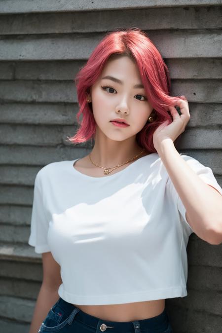 masterpiece, best quality,closed mouth, looking at viewer,  alluring, clean, beautiful face, pure face, pale skin, little smile, a woman with pink hair and a white shirt is posing for a picture with her hand on her head and a white fence behind her head and a white fence, <lyco:kang_mina:1>,