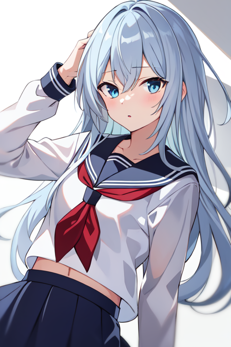 hibikikaiKC, 1girl, solo, long hair,skirt, thighhighs, long sleeves, hat,school uniform, pleated skirt, serafuku, sailor collar, neckerchief,black headwear, red neckerchief, anchor symbol, flat cap,