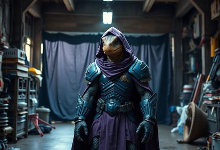 "Create a high-definition, lifelike image of a Junk Warrior, a reptilian figure standing in a cluttered garage, inspired by theCHAMBA and styled with a purple and white cloak. The warrior should have blue armor, a dark hood, and be positioned in front of a dark magic curtain. The setting is a coliseum, and the image should have a candid, 90s photo style. The image should be detailed, with geometric lines and soft room lighting, and be suitable for use as a product view or concept art, potentially as an NFT or featured on DeviantArt."