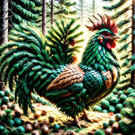 lazypos, pines and needles, vivid colors,
rooster made of pines and needles, farm background, green theme. light shining from behind.