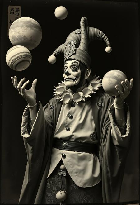A court jester from the future, juggling planets as part of a grand galactic celebration
,
eerie black-and-white ukiyo-e, vintage wet-plate photography textures, dramatic kabuki actor portraits, soft-focus haunting atmosphere, intricate kimono patterns, high-contrast chiaroscuro lighting, ghostly surreal storytelling, poetic Japanese calligraphy, fusion of Southern Gothic nostalgia and Edo-period ukiyo-e drama