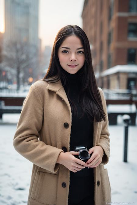 masterpiece, best quality, (((photographic, photo, photogenic))), (((half-body photography)), (detailed face, detailed nose) 30 years old woman embedding:Kristen_Kreuk-1-4000, ((hips)), ((looking at viewer)), long hair, (warm winter dress), jacket, winter scene, snow, camera f1.6 lens, rich colors, hyper realistic, lifelike texture, dramatic lighting