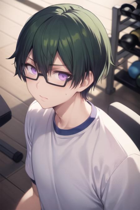 masterpiece, best quality, high quality, 1boy, solo, male focus, looking at viewer, upper body, <lora:takaharu_ootomo:0.60>, takaharu_ootomo, purple eyes, green hair, glasses, , gym uniform