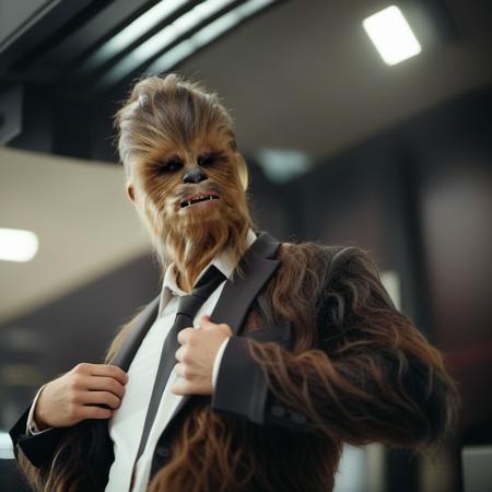 Chewbacca1024, a man with a beard and a suit jacket on, hipster look,  is adjusting his tie and looking at the camera with a serious look on his face detailed eyes, highly detailed, photography, ultra sharp, film, bokeh, professional, 4k  <lora:Chewbacca1024:0.8>