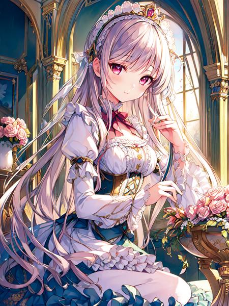 ((masterpiece)),((best quality)),(ultra-detailed),(illustration),((an extremely delicate and beautiful)),(dynamic angle), 
1girl, flowers, spring, beside window, rose, very long hair, detailed face, long eyelashes,  flower in eye,  frilled sleeves, corset, tiara, princess, 
pink eyes,  (lo sweet:1.4), 
 <lora:lo_fashions_v5:0.4>