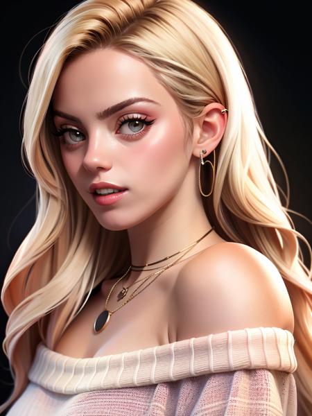 Realistic photo of a beautiful r3n33r woman, 1girl,solo,long hair,blonde hair,bare shoulders,jewelry,upper body,teeth,necklace,off shoulder,nail polish,sweater,lips,ring,black nails,realistic, soft lighting, professional Photography, Photorealistic, detailed, RAW, analog, sharp focus, 8k, HD, high quality, masterpiece<lora:r3n33r:1.0>