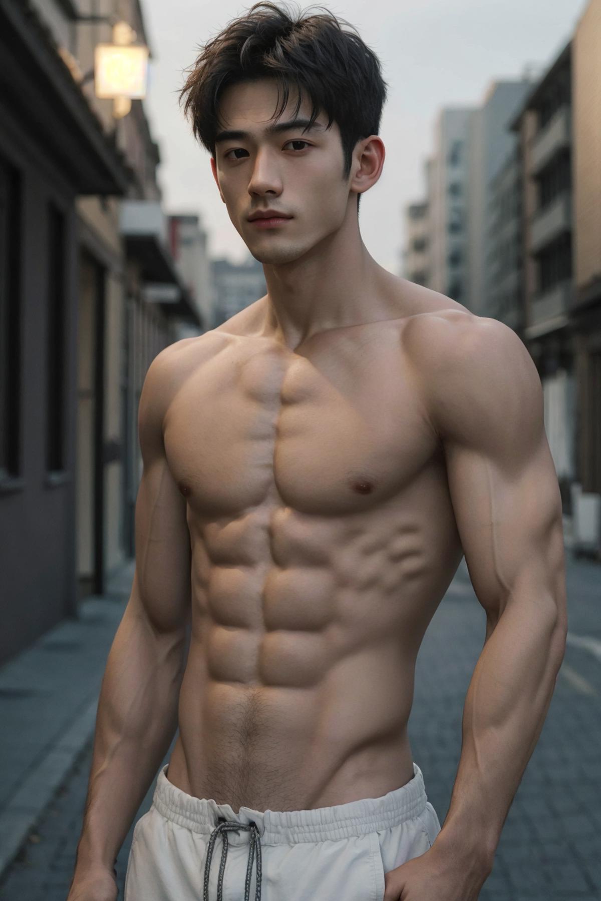 A shirtless man with a six pack standing on a sidewalk.