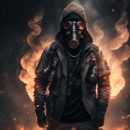 photo Surrounded by fire, hip hop pose, Portrait of the Gas Mask Senpai (GasmaskSenpai style:1) <lora:djzGasmaskSenpai:0.8)