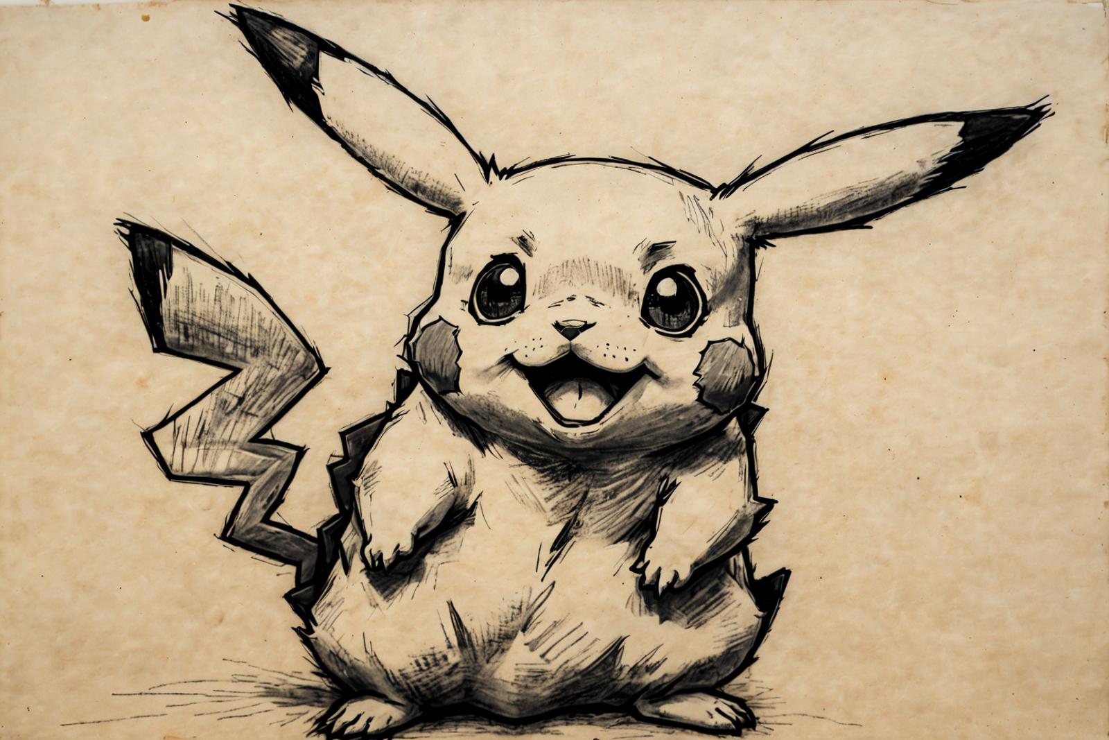A smiling cartoon Pikachu drawn on a piece of paper.