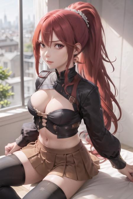 Milly\(milly)\,1girl, solo, medium breasts, hair ornament, thighhighs, long sleeves,  navel, cleavage, pleated skirt, boots, black thighhighs, (city), (ponytail:1.2), red eyes, ultra detailed <lora:Milly_The_Aristocrat_s_Otherworldly_Adventure_Serving_Gods_Who_Go_Too_Far-000014:0.8>