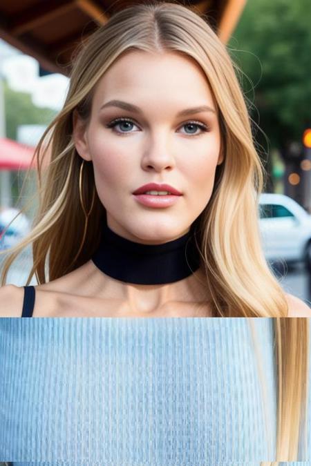 joycorrigan piercing eyes, looking straight, very happy, long hair, wearing an off-shoulder sweater, choker, closeup portrait, in a outdoor cafe in 2015, afternoon light