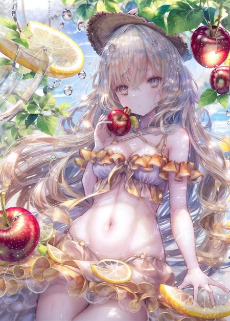 1girl,air_bubble, apple, bangs, birdcage, breasts, bubble, bubble_blowing, cherry, cleavage, dress, electric_fan, eyebrows_visible_through_hair, fireworks, fish, flower, food, fruit, grapes, hat, holding, holding_fruit, ice, ice_cube, lemon, lemon_slice, long_hair, looking_at_viewer, medium_breasts, melon, orange_\(fruit\), orange_slice, planet, plate, ribbon, solo, strawberry, sunflower, underwater, water_drop, watermelon, white_dress, wind_chime,masterpiece,best quality,ultra-detailed, ray tracing,perfect lighting, cowboy shot,(shiny skin:1.2)[wet with oil:0.3],reflection, ,        <lora:onineko-v1:1>, <lora:flat:-0.3>