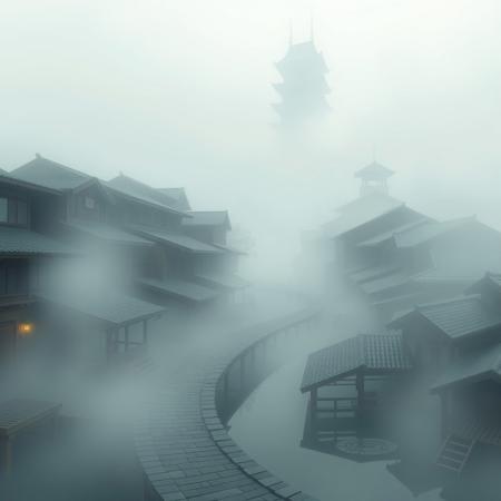 A liminal space in Kirigakure, the Hidden Mist Village, exactly as seen in Naruto. Thick fog blankets the village, obscuring the towering buildings with their curved, sloping rooftops. The stone-paved streets wind through the mist, lined with wooden bridges and canals that reflect the dim, diffused light. The iconic Mizukage’s tower looms in the background, its silhouette barely visible through the haze.
The village is completely empty—no shinobi, no villagers, only the sound of water gently lapping against the docks. The mist swirls in the silence, creating the unsettling feeling that something should be here, but isn’t. The air is heavy with moisture, the atmosphere both serene and eerie. Kirigakure feels suspended in time, as if the village exists between the past and the present, waiting for someone to return.