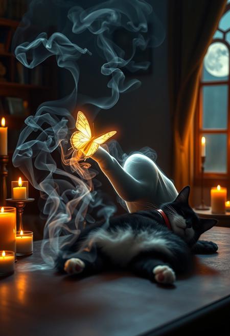 A mesmerizing image of ethereal smoke, illuminated by a heavenly glow, elegantly forming the silhouette of a lifelike cat. The smoke cat extends its paw, reaching toward a glowing, translucent butterfly, its core radiating with an otherworldly light. The smoke cat is positioned on a table beside the lifeless body of a black cat with white paws and a white spot on its upper lip wearing a red collar, creating a poignant and mystical scene. The balance of smoke density and airiness gives an uncanny realism to the apparition.
The background unveils an enchanted, dimly lit space—candles flicker, incense burns, and moonlight streams through a nearby window, casting a dreamlike glow. The fusion of hyper-realistic 3D rendering, painterly textures, photographic realism, and illustrative vibrancy results in a visually striking masterpiece.
