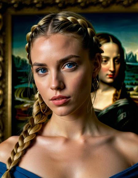 A photo-realistic shoot from a frontal camera angle about a young woman with long, blonde hair styled in a braid, standing in a dimly lit room with a painting of a mona in the background. the woman, who appears to be in her early twenties, is positioned in the middle of the image, with her upper body facing the viewer. she has fair skin, blue eyes, and a slender physique with small breasts. her hair is styled in two braids, and she is wearing no clothing. her body is adorned with intricate blue and gold tattoos, including a geometric design on her chest, shoulder, and arm. her expression is neutral, and her lips are parted. the background features a dark, moody atmosphere with a green and blue gradient, and the woman is standing in front of a large painting of the mona, with a dark background and ornate details.