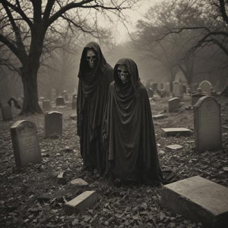 a vicgoth sepia toned photograph, A warped entity cloaked in tattered shadows stands in an overgrown graveyard, where cracked tombstones jut from the earth like broken teeth. Its form is partially obscured by swirling, dark tendrils that seem alive, and it possesses vacant eyes that reflect nothing but despair. The air is heavy with an oppressive gloom, as pale, flickering orbs of light dance sporadically among the crumbling stones, casting unsettling shadows that seem to elongate and curl with a mind of their own. A chilling breeze carries faint, mournful whispers, creating an atmosphere thick with unease and the lingering sensation of being watched, as if remnants of forgotten souls linger just beyond the edge of perception., <lora:victorian-gothic_v30:1>