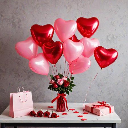 a lot several heart-shaped balloons red, a gift bag and a bouquet of pink roses on a table. Very realistic photography