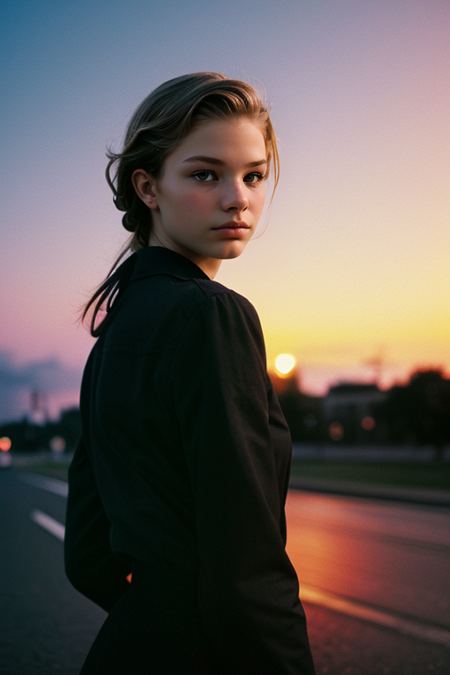 KateKraaijeveld, ((22 years old)), sunset, detailed, surreal, dramatic lighting, shadow, (lofi, analog, Kodak film), by Brandon Woelfel, Ryan McGinley