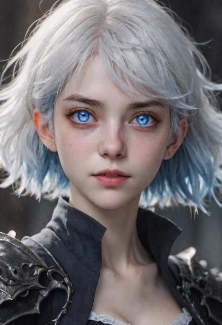 (masterpiece), 
1girl,
evil, demonic, 
white hair, blue eyes, floating hair, short hair,
upper body shot, 
HDR, highly detailed, 32k, 
(proud) mood, 
perfect face feature,
