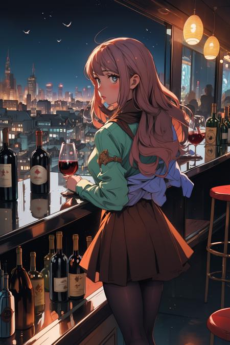 masterpiece, best quality, 1girl, pantyhose, bottle, fantasy, drinking glass, bar, cityscape, wide shot, looking out of the window, drinking, from behind, wine, wind lift, city lights, <lora:sky_bar-000008:0.65>