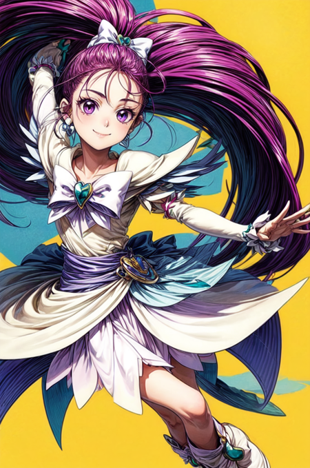 ,1girl, long hair, purple hair, jewelry, earrings, white footwear, boots, magical girl, smile, dress, purple eyes,