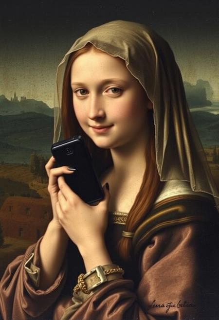 Long lost Leonardo da Vinci painting of a girl holding a mysterious black box about size of a cell phone near her ear, dramatic light, profie portrait, slight smile, enigmatic, head covered with transparent veil, 15 century Toscana landscape in background.