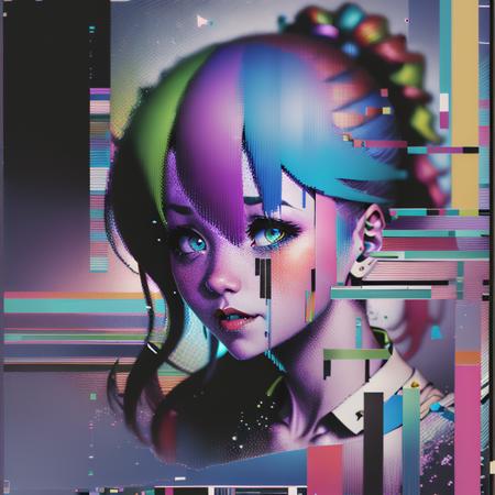 glitchcore, abstract, glitched, artefact, collage, solo, full body, colorful, rainbow, 1girl, multicolor hair, ponytail, <lora:glitchcore-10_LORA:0.9>