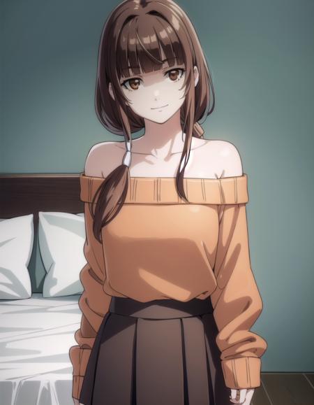 emiru ikuno, long hair, brown hair, ponytail, (brown eyes:1.5), bangs, blunt bangs, low-tied long hair, skirt, bare shoulders, off shoulder, sweater, orange shirt, off-shoulder sweater, collarbone,