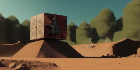 <lora:15Cube:1>levitating cube scenario: a statue of a man standing on top of a pile of dirt