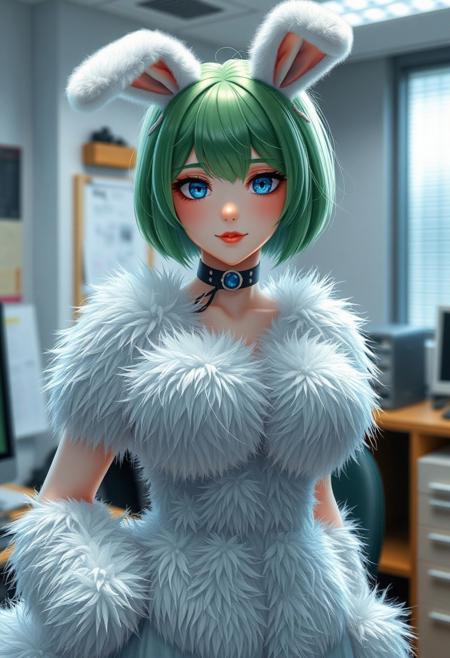 ultra realistic photo,8k,
fluffy body,20 years old female, highly detailed, solo, office, 1 girl, green hair, short hair, blue eyes, bunny ears, white fur, horny smile, dominance, big breasts,  choker, standing, ass, ass view, focus on ass