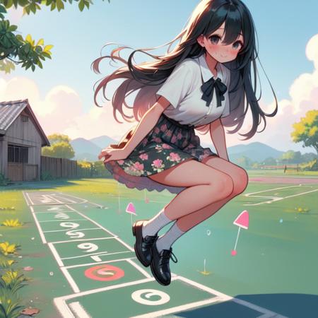 (((masterpiece))),  (((best quality))),  (((hopscotch))),  (((one-leg))),  numbers in white large grid,  fluttering floral skirt,  black stocking,  leather shoes,  banyan,  countryside,  utility pole,  solo,  1girl,  big tits,  hot,  sweat,  ribbon,  longhair,  smile,  shy,  blush, hopscotch,<lora:EMS-276124-EMS:1.000000>