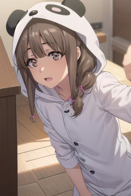 kaedeazusagawa, <lora:kaede azusagawa s1-lora-nochekaiser:1>,
kaede azusagawa, long hair, bangs, brown hair, (brown eyes:1.5), smile, open mouth,
BREAK animal ears, tail, hood, pajamas, animal hood, animal costume, panda ears,
BREAK indoors,
BREAK looking at viewer, (cowboy shot:1.5),
BREAK <lyco:GoodHands-beta2:1>, (masterpiece:1.2), best quality, high resolution, unity 8k wallpaper, (illustration:0.8), (beautiful detailed eyes:1.6), extremely detailed face, perfect lighting, extremely detailed CG, (perfect hands, perfect anatomy),