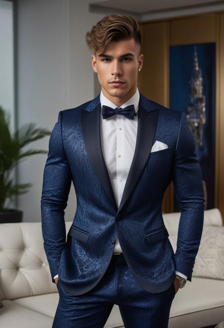 a strong 22-year-old spanish hunk bodybuilder male, with a fringe up undercut hairstyle, detailed face, mindless expression,  wearing a skin tight navy-blue suit with silver patterns, wearing pants,  on a modern living room, standing at attention pose, looking at viewer, portrait, photography, detailed skin, realistic, photo-realistic, 8k, highly detailed, full length frame, High detail RAW color art, diffused soft lighting, shallow depth of field, sharp focus, hyperrealism, cinematic lighting
