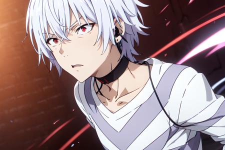 pha accelerator, 1boy, (red eyes:1.4),  accelerator (toaru majutsu no index), constricted pupils, white hair, shirt, solo, choker, striped shirt, striped, albino, earphones, pants, hair between eyes, short hair, collarbone, white shirt, crazy eyes, explosion,
(masterpiece:1.2, best quality), high contrast, portrait, upper body, radiant light, simple background,red background
<lora:accelerator-v1-ph_16:1>