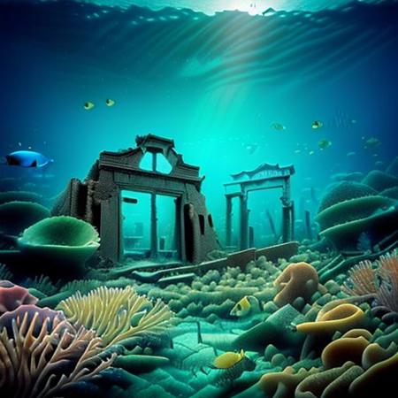 ((((hiperrealistic)))), ((((high quality)))), ((((underwater)))), ocean monument, (((ruined underwater city))), fishes, ((fish bank)), ((coral reef)), ((glowing beneath the waves)), UnSea