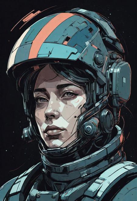 portrait, character,  sci fi gear, abstract, graphic style of drawing comics, dark space colour palette, vector illustration, muted colors, delicate details, high detailed, moody, Vrubel::1, Kuindzhi style::0.6