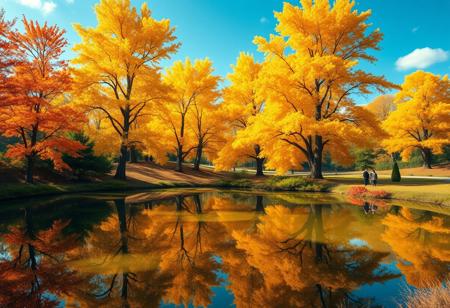 Stunning detail reflection of golden and orange katsura trees around a natural round lake, autumn, realistic, wide shot, art style of Studio Ghibli, magical, whimsical atmosphere, vibrant colors, beautifully lit, serene landscape