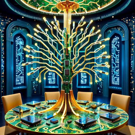 An elegant dining table set for a futuristic feast, where every utensil, plate, and glass is crafted from intricate layers of printed circuit boards. The table itself pulses faintly with embedded LEDs, casting a soft glow over the scene. A chandelier above is formed from tangled golden traces and microchips, illuminating a room whose walls resemble enlarged PCB patterns—rich in detail, like an architectural blueprint of a digital mind. In the center, a sculptural centerpiece—an abstract tree made of capacitors and wires—blends nature’s symmetry with technological precision. The atmosphere evokes a quiet reverence, as if dining within a temple of circuitry. pcb_style