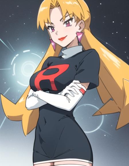 <lora:CassidyPkmn:0.7> CassidyPkmn, 1girl, solo, breasts, smile, large breasts, thighhighs, gloves, dress, jewelry, earrings, elbow gloves, makeup, crossed arms, lipstick, clothes writing, oekaki, red lips, team rocket, team rocket uniform