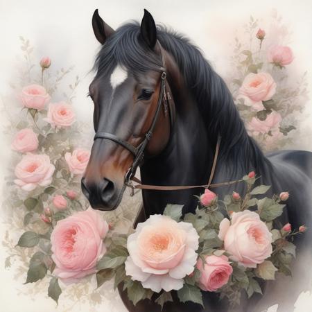 Watercolor vintage oil painting inspired by artist Sonie Ames, winter Christmas theme, black horse, pink ribbon, pink berries, a few blush ink david austin roses, peachy cream cabbage roses, white babies breath, stark white background, like a trending piece on ArtStation, with sharp focus and intricate details akin to a Greg Rutkowski studio photograph, highly detailed, ultra-fine, digital painting.