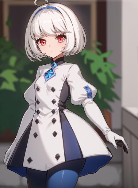 1girl,white hair, red eyes, short hair, white and blue dress, long sleeves, puffy sleeves, gloves, semi realistic, blue leggings,