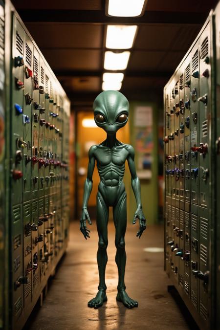 Location: A dimly lit train station locker, roughly the size of a large cabinet, filled with a bustling miniature alien society.
Interior: The locker is cramped but organized, with multiple levels and small makeshift structures built from everyday items like bottle caps, matchboxes, and tiny wires. The walls are lined with colorful graffiti and alien symbols, giving a sense of their unique culture and creativity.
Aliens: Dozens of small, humanoid aliens, each about the size of a hand, are busy with their activities. They have diverse appearances: some with elongated heads, others with multiple eyes or extra limbs. Their skin colors range from vibrant greens and blues to metallic silvers and reds.
Activity: The scene is lively and chaotic, with aliens engaging in various tasks. Some are carrying tiny parcels, others are chatting in groups, and a few are playing games or working on small devices. Their expressions are a mix of curiosity, excitement, and industriousness.
Lighting: Soft, warm light emanates from tiny lamps and makeshift light fixtures scattered throughout the locker, casting gentle shadows and highlighting the vibrant colors.
Atmosphere: The air is filled with a mix of chattering alien voices, mechanical whirring from gadgets, and faint music playing from a small radio crafted out of discarded human technology.