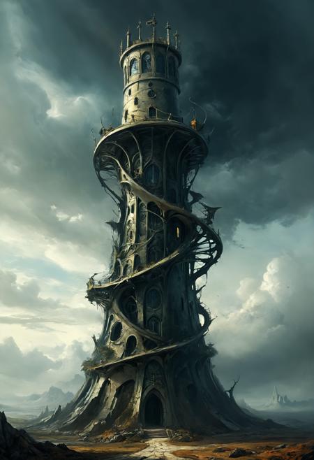 A swirling tower of elemental forces, the vortex tower stands as a testament to the raw power of nature harnessed in architectural form, (by Dalí:1.2), Macabre style, dark, gothic, grim, haunting, highly detailed, (masterpiece, intricate details:1.2) <lora:xl_more_art-full_v1:0.5> <lora:add-detail-xl:1> <lora:RMSDXL_Creative:2> <lora:NicolaSamori:0.5> <lora:looking_at_viewer:2>