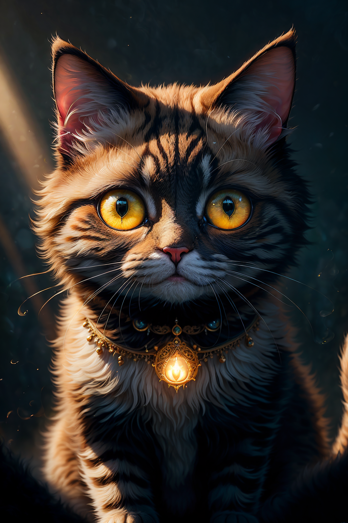 ((Cute and adorable cat)):1.7), smiling, glowing smoke neon eyes, fantasy, (sunlight:1.3), sunbeam, intricate detail. 8k, ...