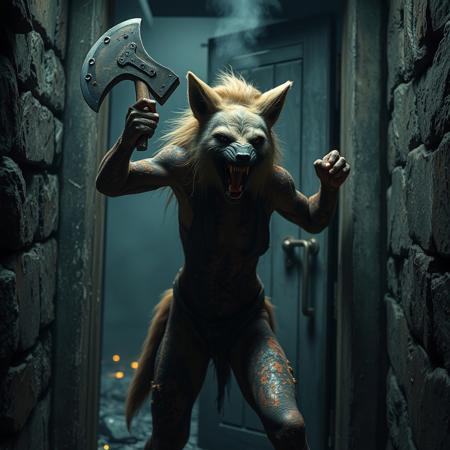 Female anthro hyena with tomahawk break door open, view from other side, berserk mode, in dungeon, severe burns all over body, covered in burned fur patches, in rage, in pain, foam on mouth