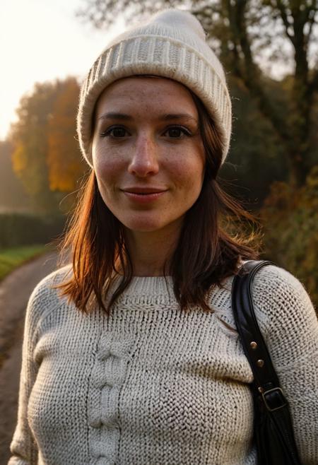 A beautiful selfie of a 30 year old Dutch woman, ((sweater)), ((leather jacket)), ((beany)), ((full body:1.2)), she has a comely face, shy smile, in love, pale skin, very dark eyes, chocolate brown hair, straight hair, 70's fringe, beautiful mouth, long face, narrow chin, freckles on nose, birthmarks on stomach, she is slim, natural tits, perfectly shaped tits, pubic hair, ultra realistic, extremely detailed, highly detailed eyes, realistic eyes, highly detailed skin, realistic skin, a walk on the heath, early morning, autumn, a little foggy, beautiful lighting, soft natural light, golden hour light, autumn, perfect light, Rembrandt style light, 8k resolution, masterpiece, 35mm,Camera="Hasselblad X1D 50c", Lens="Hasselblad XCD 90 mm f/3.2 ", "Aperture-of=f/2.8", "ISO=100", film grain, (ultra high res:1.2),(photo-realistic:1.3) (skin pores:1.1)