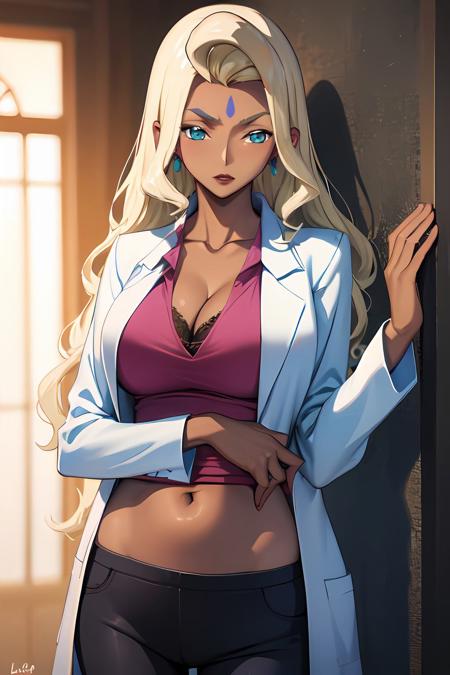 ANIME_Rakshata_Chawla_aiwaifu69,aiwaifu69,long hair,blonde hair,dark skin,dark-skinned female,forehead mark,cleavage,facial mark,large breasts,lipstick,earrings,labcoat,makeup,blue eyes,jewelry,kiseru,midriff,pants,shirt,open clothes, masterpiece,best quality,ultra detailed, 8k, 4k,highly detailed, scenery,pose,solo,
